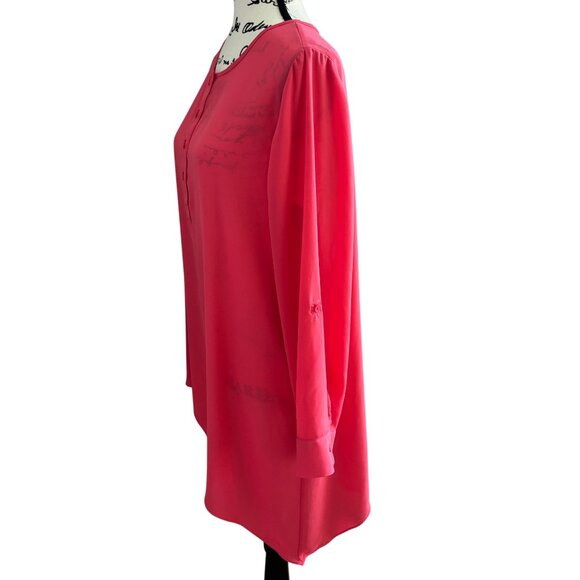 Chico's Asymmetrical Hem Sheer Dark Peach Tunic Top Sz 2 US Large Roll Tab Sleev - Picture 2 of 8